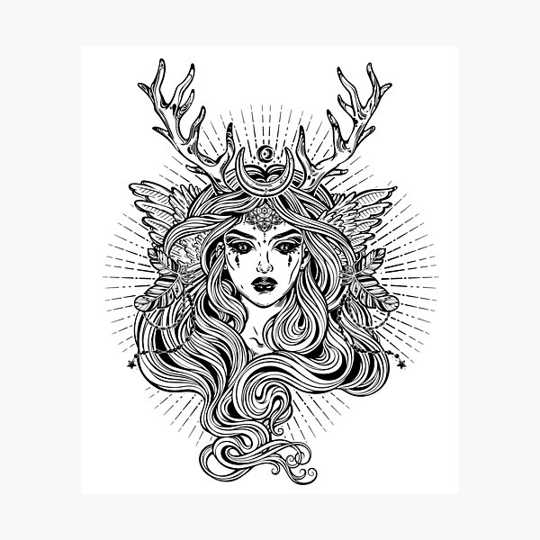 Demonic winged angel magic woman with deer antlers and long hair. Photographic Print