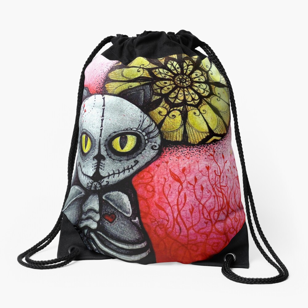 sugar skull goth skeleton cat & moon Drawstring Bag