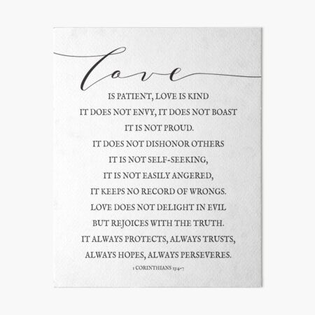 1 Corinthians 13:4-7, Love Verses, Bible Verse Lettering, Love is Patient, Farmhouse Decor Art Board Print