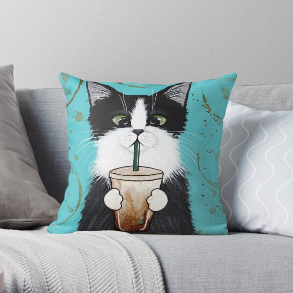 Tuxedo Cat with Iced Coffee Throw Pillow