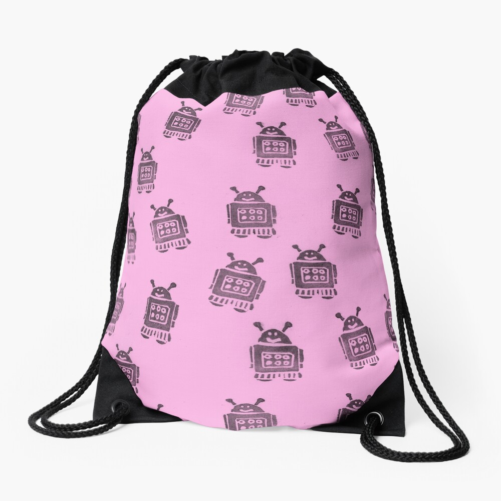 Pink Robots Drawstring Bag