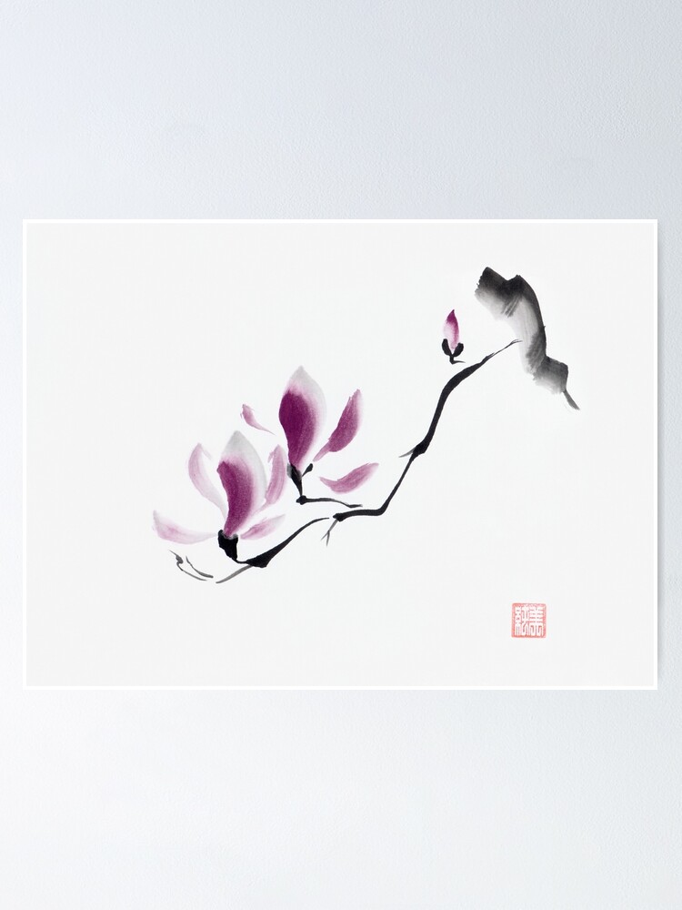 Póster «Minimalista elegante magnolia rama pintura Zen Sumi-e japonesa en  papel de arroz blanco impresión del arte» de AwenArtPrints | Redbubble
