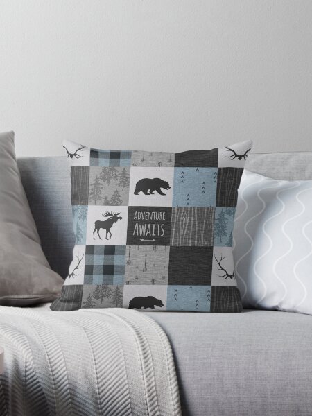 Item preview, Adventure Awaits Patchwork - Blue, Grey and Black designed and sold by SugarPineDesign.