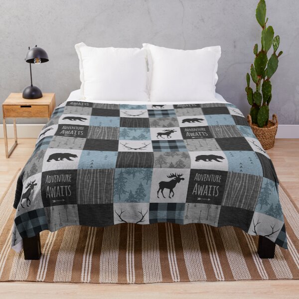 Item preview, La aventura aguarda el patchwork: azul, gris y negro designed and sold by SugarPineDesign.