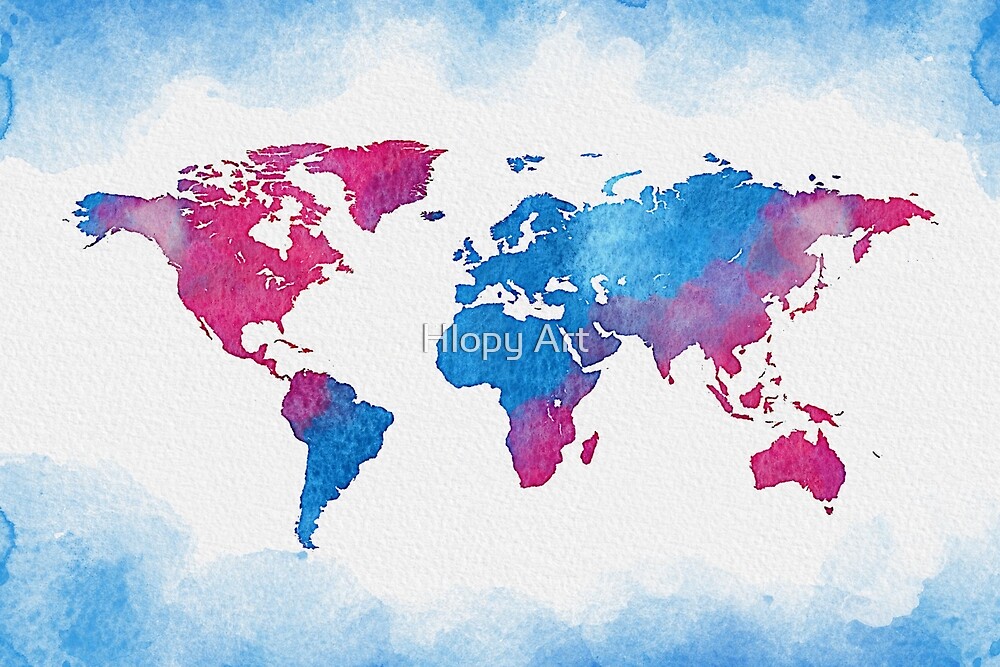 «Mapa del mundo en acuarela Colores azul y rosa: decoración de arte