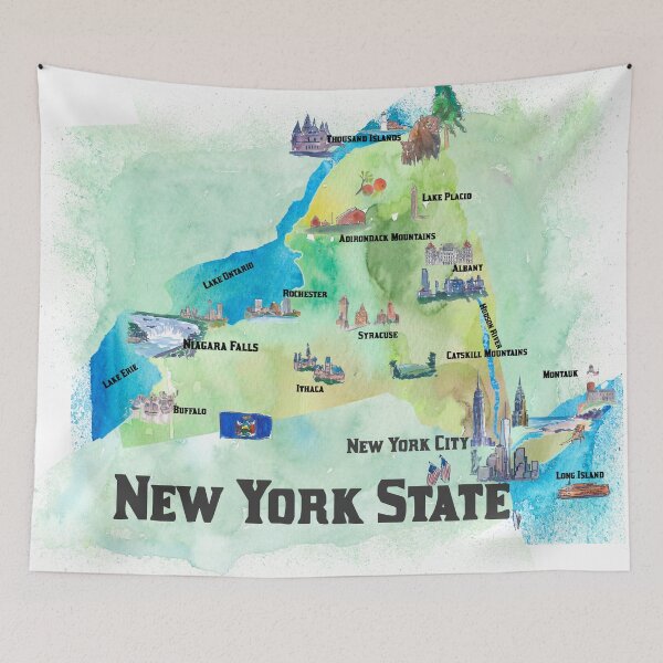 Aperçu de l'œuvre Affiche de voyage de l'État de New York aux États-Unis avec les points forts touristiques créée et vendue par artshop77.