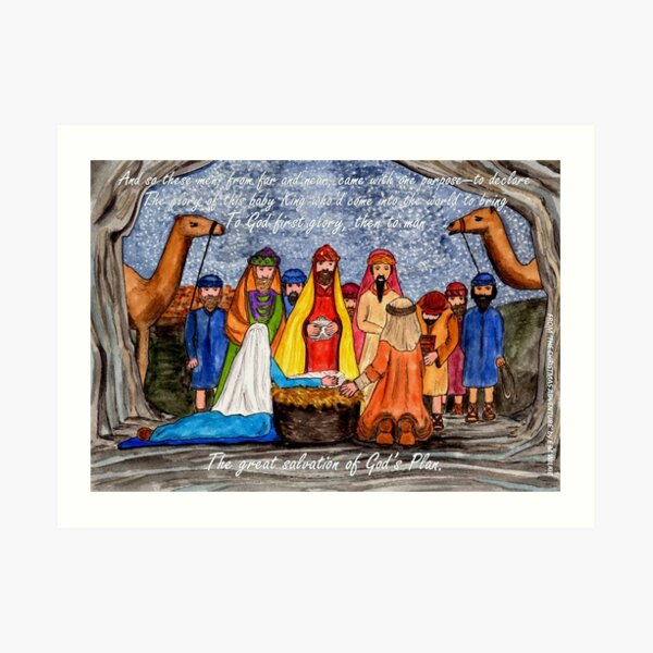 Worship the King - Christmas Nativity Scene with wording Art Print