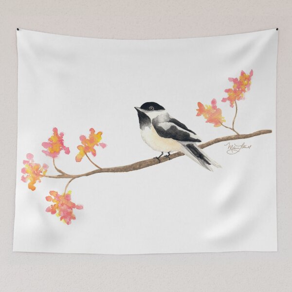 Item preview, Watercolor Painting Chickadee on a branch with blossoms designed and sold by littrellart.