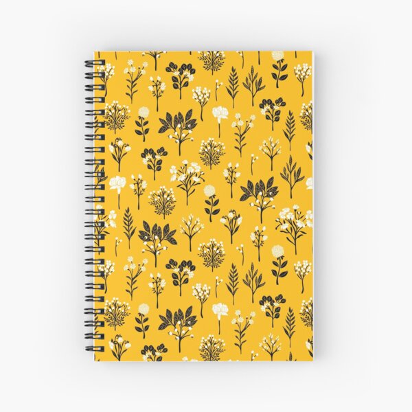 Mustard Yellow, Black & White Floral/Botanical Pattern Spiral Notebook