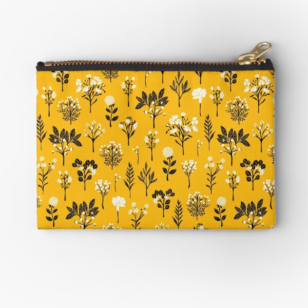 Mustard Yellow, Black & White Floral/Botanical Pattern Zipper Pouch