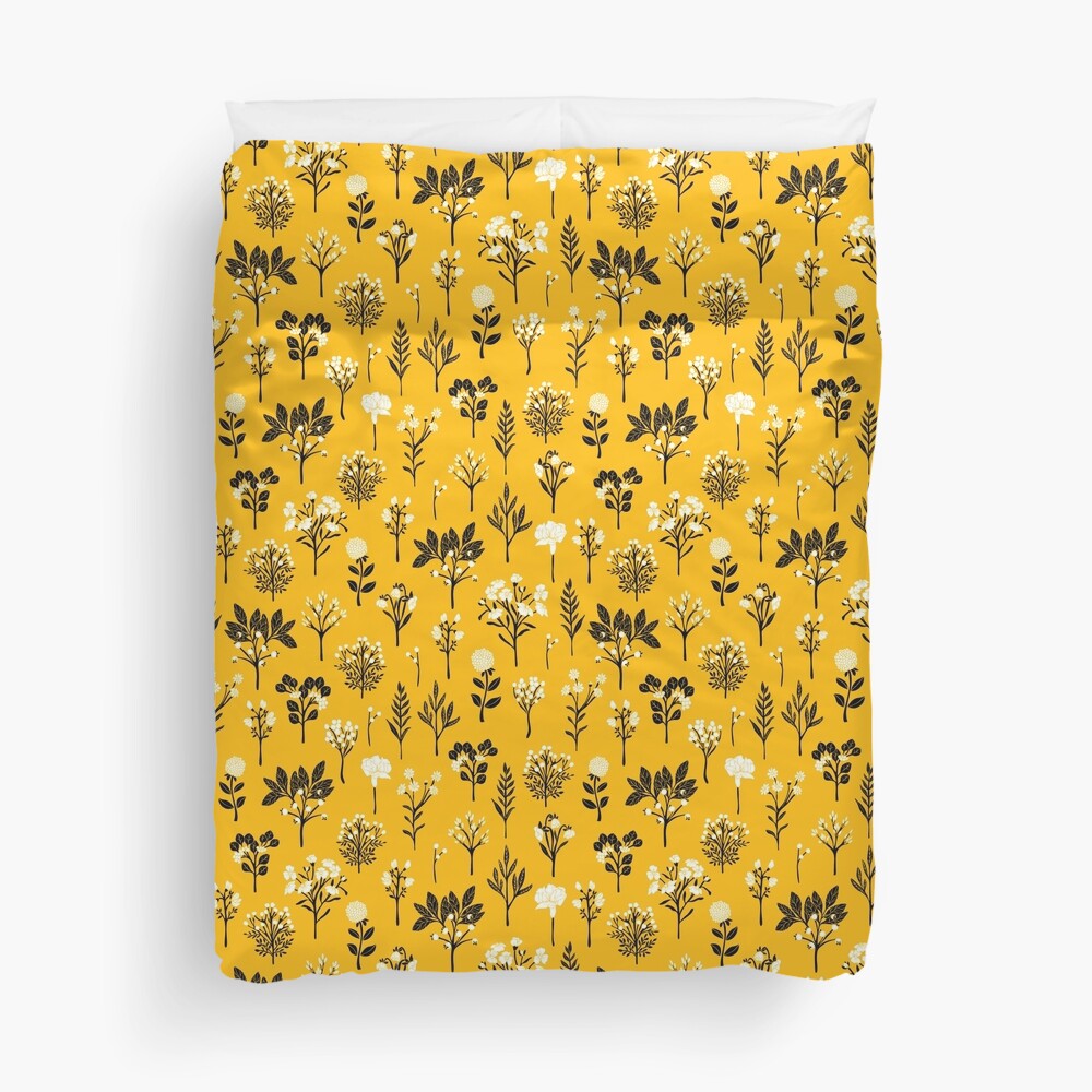 Mustard Yellow, Black & White Floral/Botanical Pattern Duvet Cover