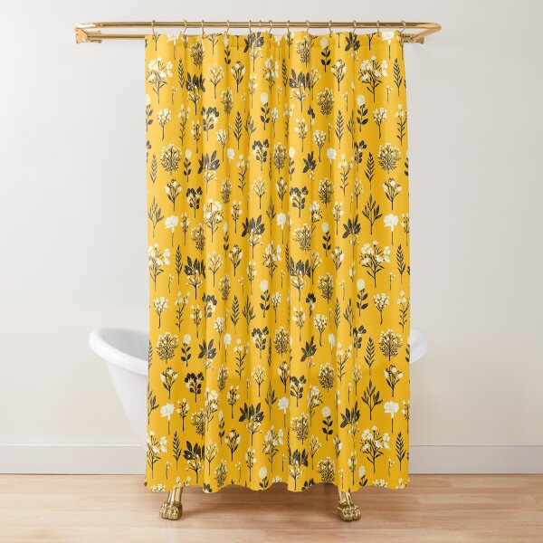 "Mustard Yellow, Black & White Floral/Botanical Pattern" Shower Curtain for Sale by