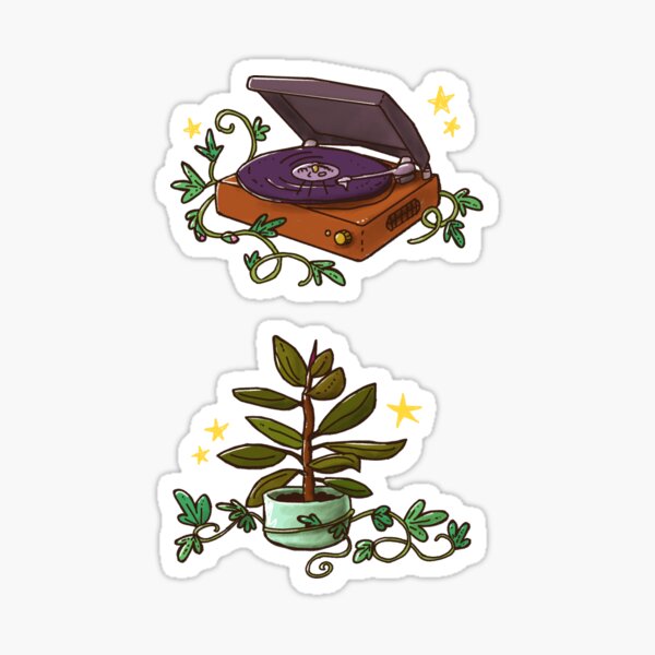 Jeu d'autocollants de décoration de maison Jungalow magique // Vintage tourne disque & plante d'intérieur (illustrations tirées de "La maison qui voulait être un jardin") Sticker