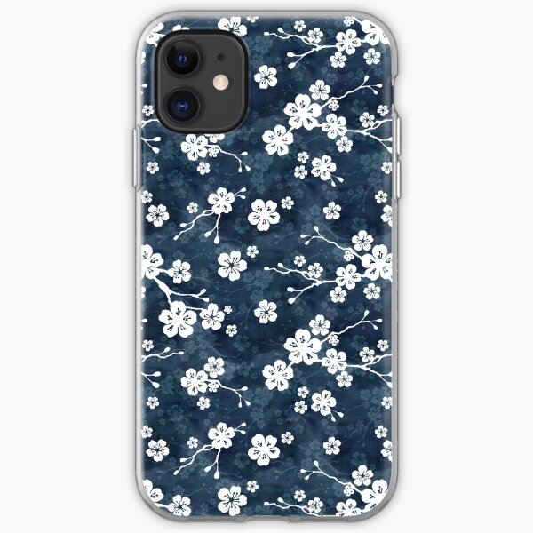 Navy and white cherry blossom pattern iPhone Soft Case