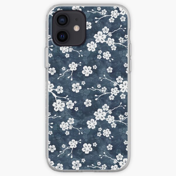 Patrón de flor de cerezo azul marino y blanco Funda blanda para iPhone