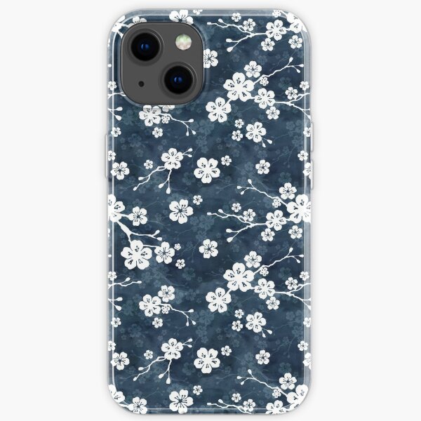 Navy and white cherry blossom pattern iPhone Soft Case
