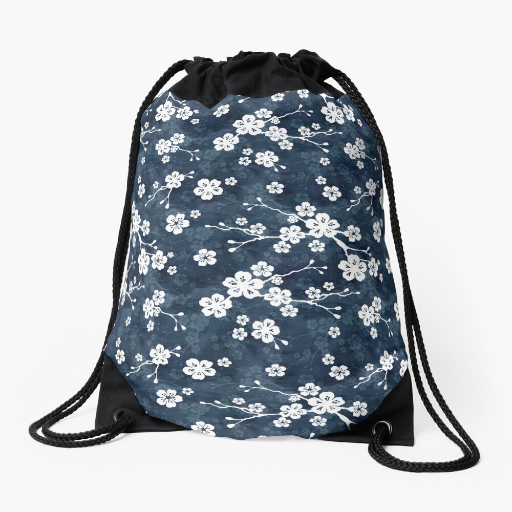 Navy and white cherry blossom pattern Drawstring Bag