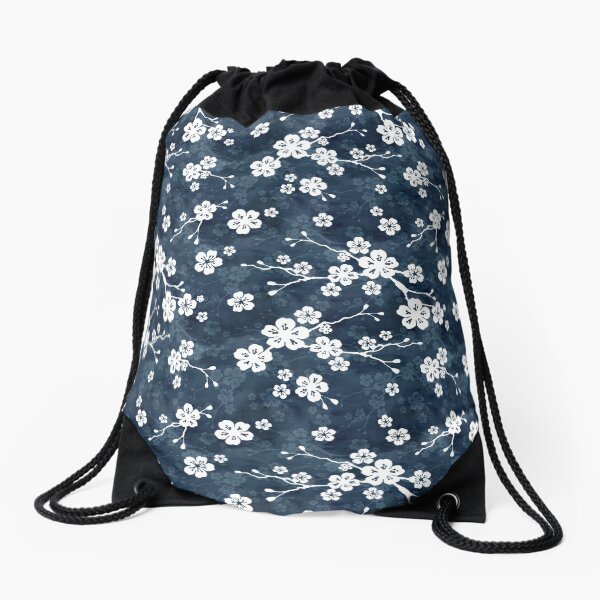Navy and white cherry blossom pattern Drawstring Bag