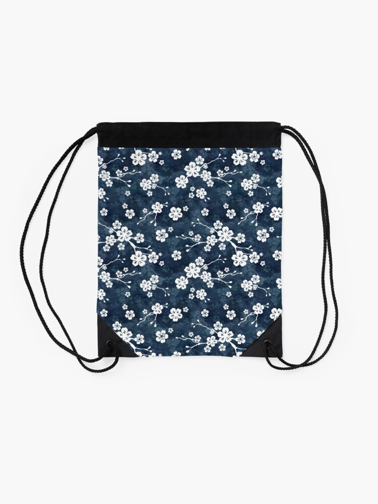 Alternate view of Navy and white cherry blossom pattern Drawstring Bag