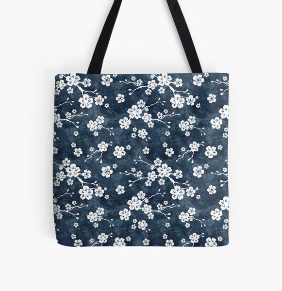 Navy and white cherry blossom pattern All Over Print Tote Bag