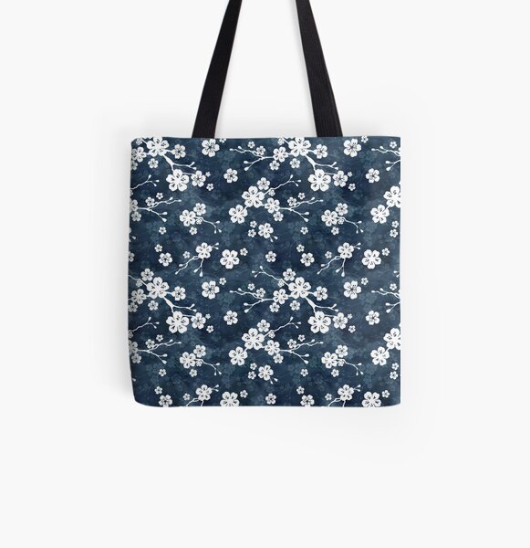 Navy and white cherry blossom pattern All Over Print Tote Bag