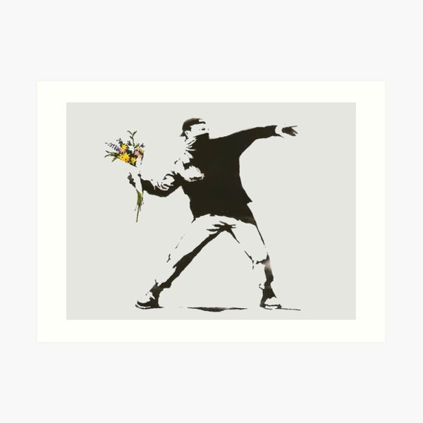 Banksy - Man Throwing Flowers - Antifa vs Police Manifestation Design For Men, Women, Poster Art Print