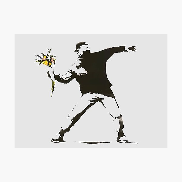 Banksy - Man Throwing Flowers - Antifa vs Police Manifestation Design For Men, Women, Poster Photographic Print