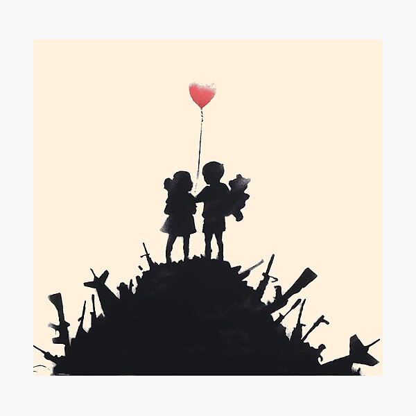 Banksy Two Children With Love Balloon at War Destruction Garbage, Streetart Street Art, Grafitti, Oeuvre, Design For Men, Women, Kids Impression photo