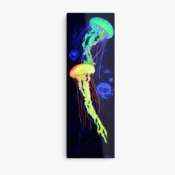 Metallic and Neon Watercolor Jellyfish on Hand Painted Black