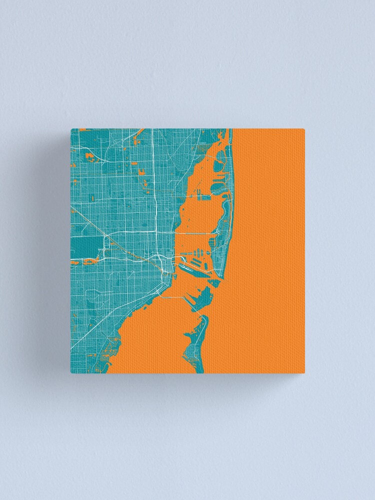 Miami Map In Dolphins Colors Canvas Print By Luvfrumabuv Redbubble