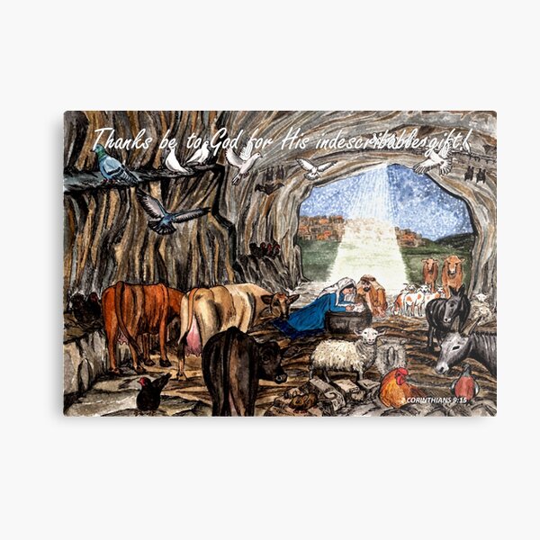 Thanks be to God - Nativity Scene with Bible Verse 2 Cor 9:15 Metal Print
