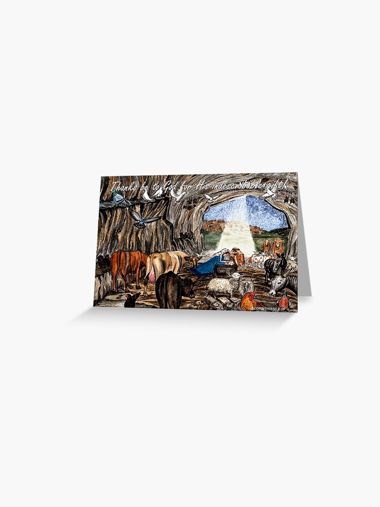 Thumbnail 1 of 2, Greeting Card, Thanks be to God - Nativity Scene with Bible Verse 2 Cor 9:15 designed and sold by EuniceWilkie.