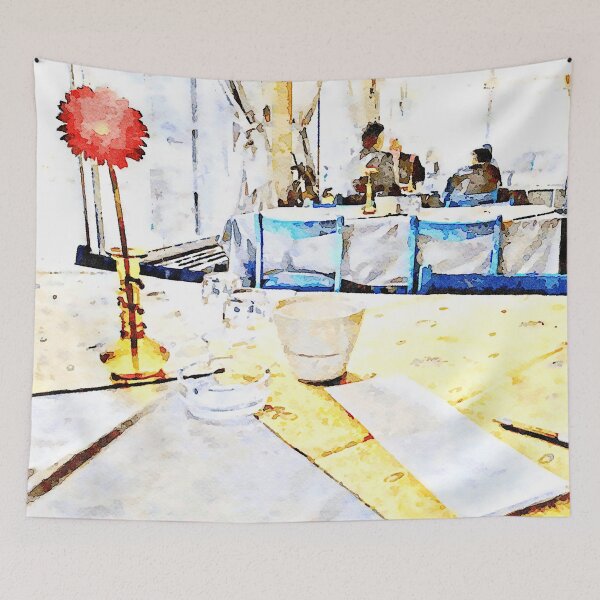 Item preview, Red flower, notebook, pen and lighter on restaurant table designed and sold by Giuseppe Cocco.