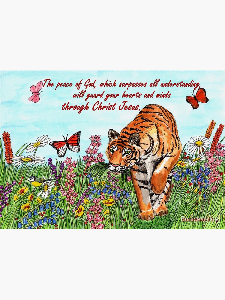 Thumbnail 2 of 2, Greeting Card, Tiger in a Perfect World - With Philippians 4:7 Bible Verse designed and sold by EuniceWilkie.