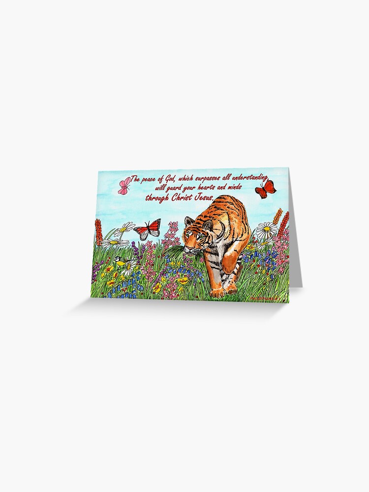 Thumbnail 1 of 2, Greeting Card, Tiger in a Perfect World - With Philippians 4:7 Bible Verse designed and sold by EuniceWilkie.