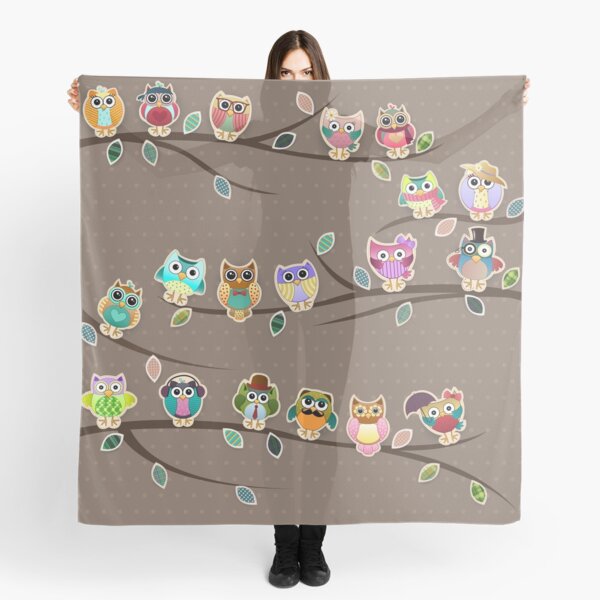 Cute Little Owls on a Branch with Polka Dots Scarf