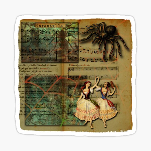 Tarantella Dancers And Tarantula Spider With Web On Cream Background Sticker