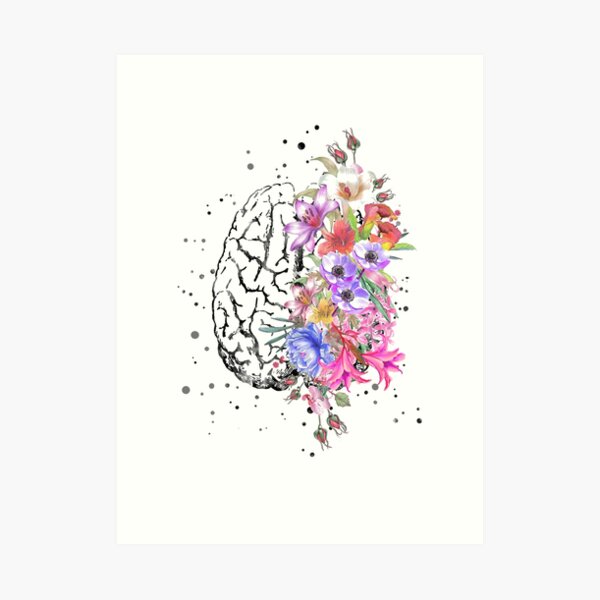 Brain anatomy, watercolor Brain, flowers brain, brain with Flowers Art Print