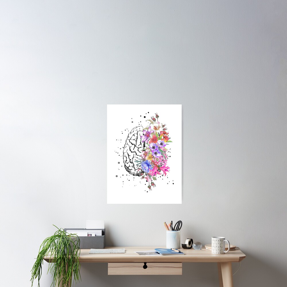 Brain anatomy, watercolor Brain, flowers brain, brain with Flowers Poster