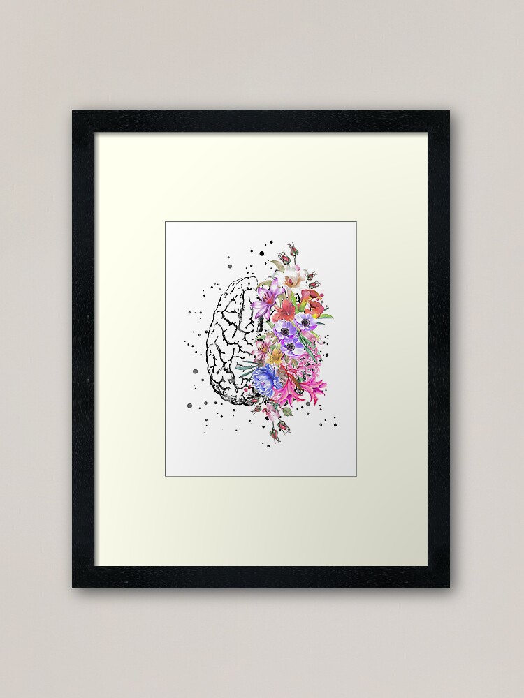 Alternate view of Brain anatomy, watercolor Brain, flowers brain, brain with Flowers Framed Art Print