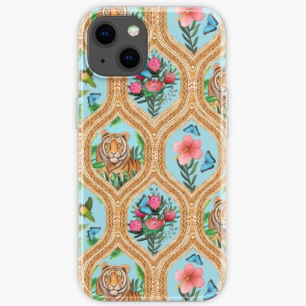 Tiger print with tropical flowers, lovebirds and blue morpho butterflies iPhone Soft Case