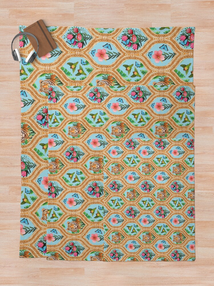 Alternate view of Tiger print with tropical flowers, lovebirds and blue morpho butterflies Throw Blanket