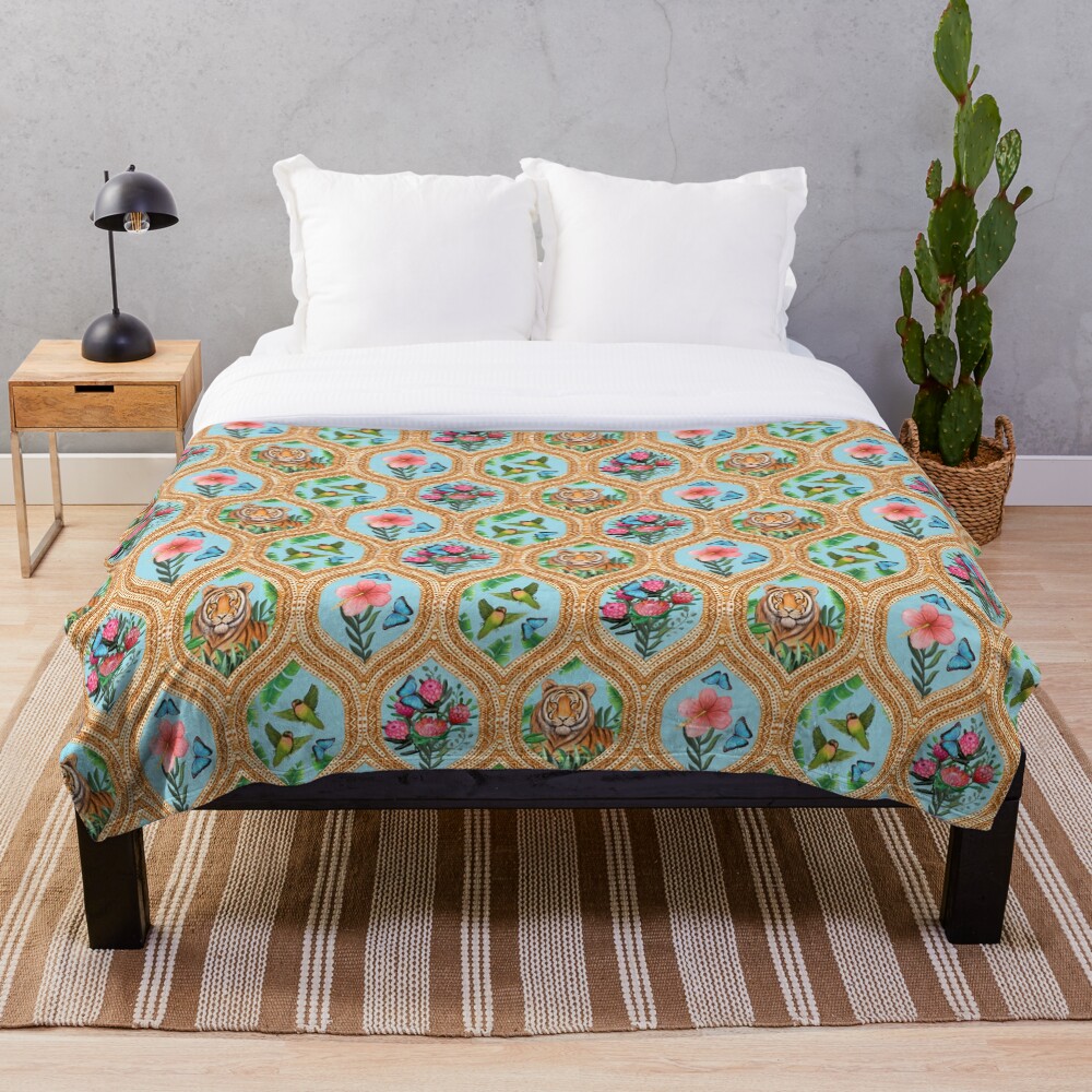 Tiger print with tropical flowers, lovebirds and blue morpho butterflies Throw Blanket