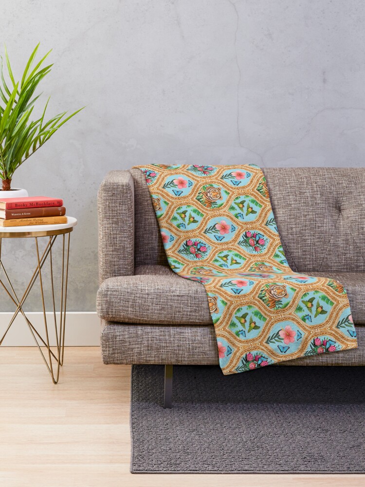 Alternate view of Tiger print with tropical flowers, lovebirds and blue morpho butterflies Throw Blanket
