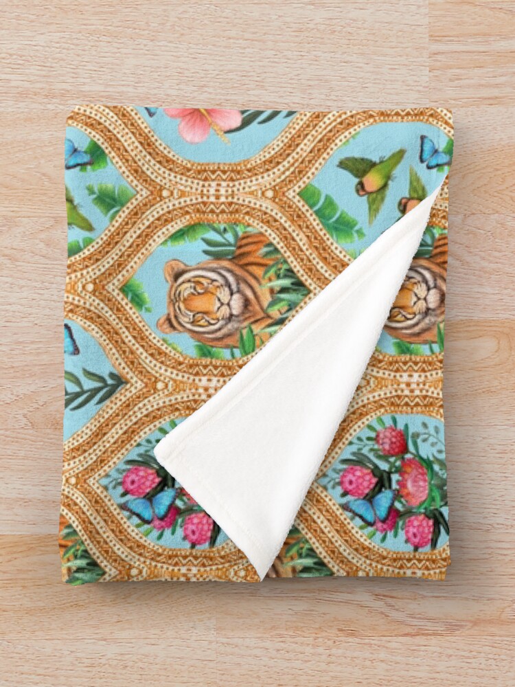 Alternate view of Tiger print with tropical flowers, lovebirds and blue morpho butterflies Throw Blanket