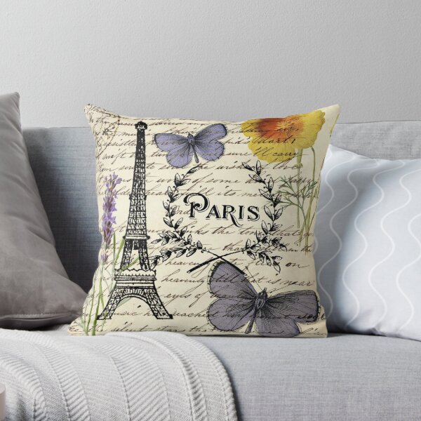 botanical butterfly french provincial scripts paris eiffel tower Throw Pillow