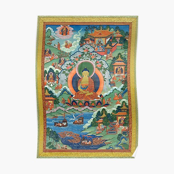 Thanka with Buddha (Restored Tibetan Artwork) Poster