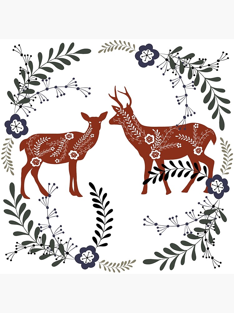 stag-and-doe-scandinavian-style-folk-art-poster-for-sale-by-theodorag