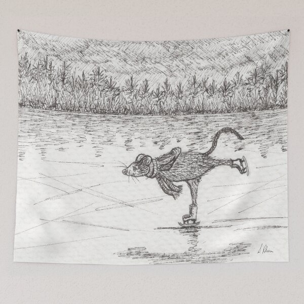 Item preview, Ice Skating Christmas Mouse, Black & White Sketch designed and sold by SusanAlisonArt.