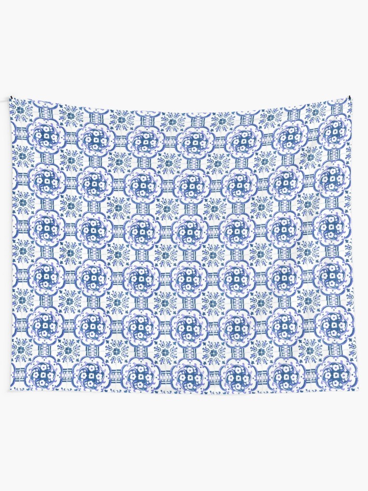 Alternate view of Blue Portugal tile pattern Tapestry